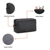 Black toiletry bag with features highlighted on a white background